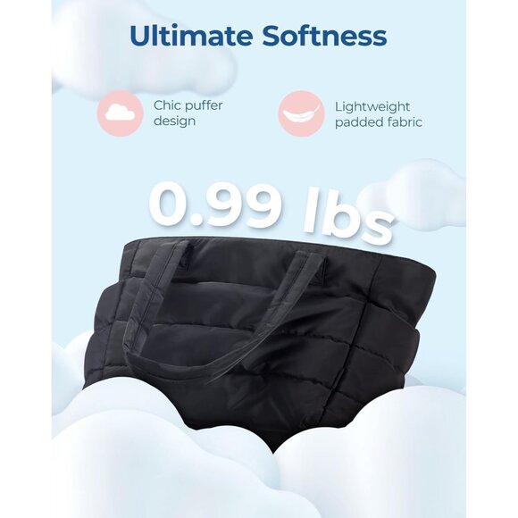 Women Black Lightweight Puffy Tote Bag for Travel Beach Gym With Multi-pocket - Picture 2 of 7